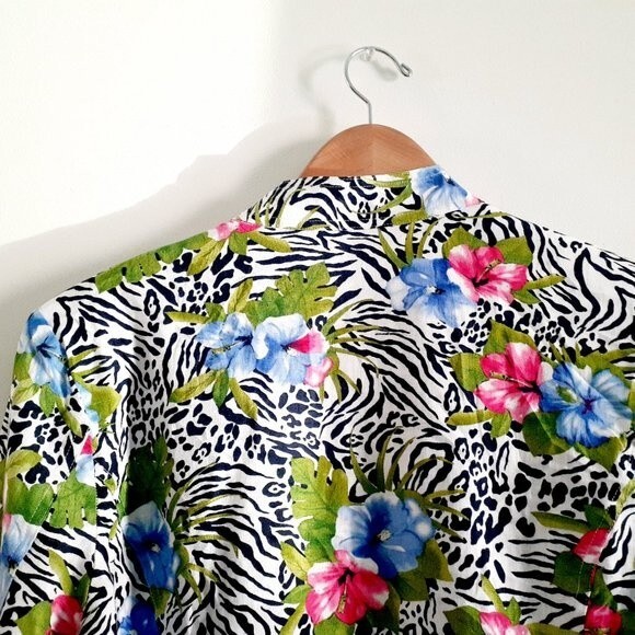 Choices  100% Linen Open Front Floral B&W Zebra Stripes Sleeve Women's Blazer 2X - Picture 3 of 11